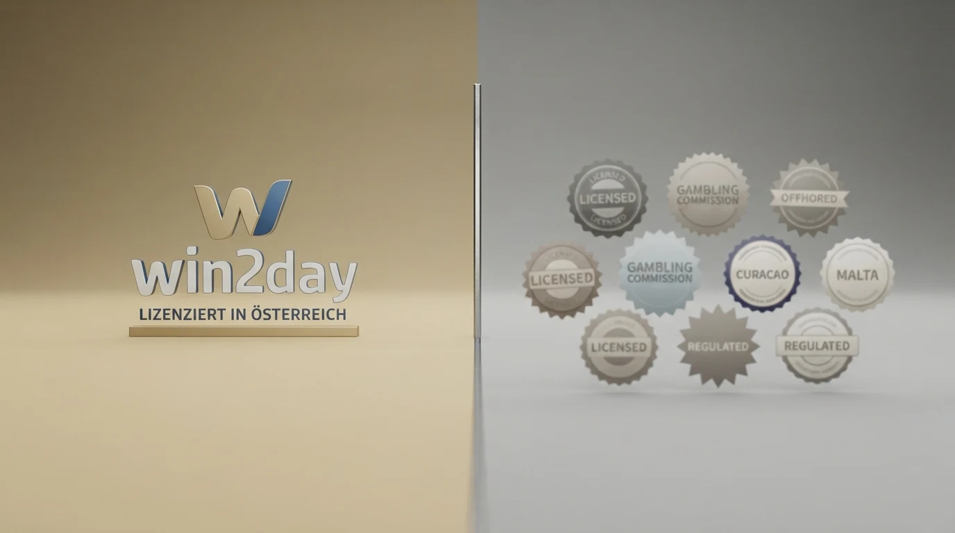 Grafische Darstellung: Links das offizielle win2day-Logo als einziger Konzessionär, rechts die Logos der Offshore-Lizenzbehörden MGA Malta, Gibraltar und Curaçao — visuell getrennt durch einen senkrechten Strich
