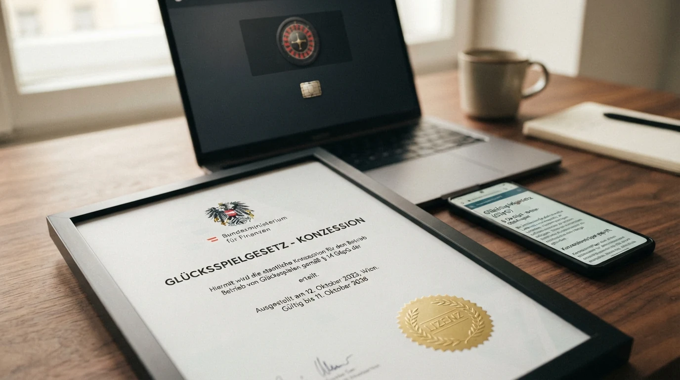 Nahaufnahme einer win2day-Lizenzurkunde mit dem Bundesadler, daneben ein Smartphone mit dem Logo des BMF und dem Text des § 12a GSpG auf dem Bildschirm