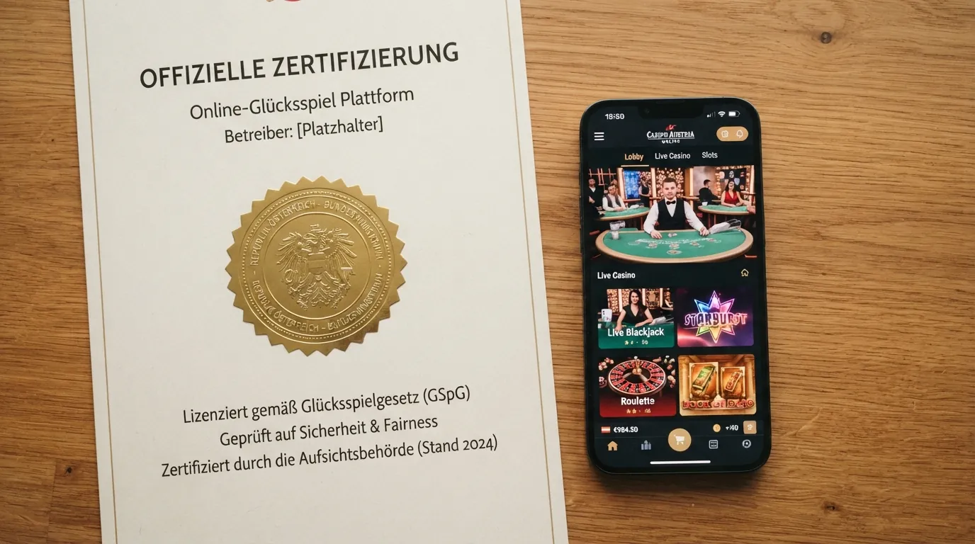Amtliches österreichisches Dokument mit Siegel, daneben ein Smartphone mit Casino-Lobby