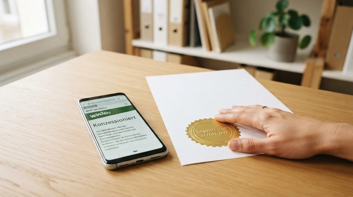 Das Logo des Bundesministeriums für Finanzen neben einem Smartphone mit der BMF-Whitelist-Seite und dem win2day-Logo