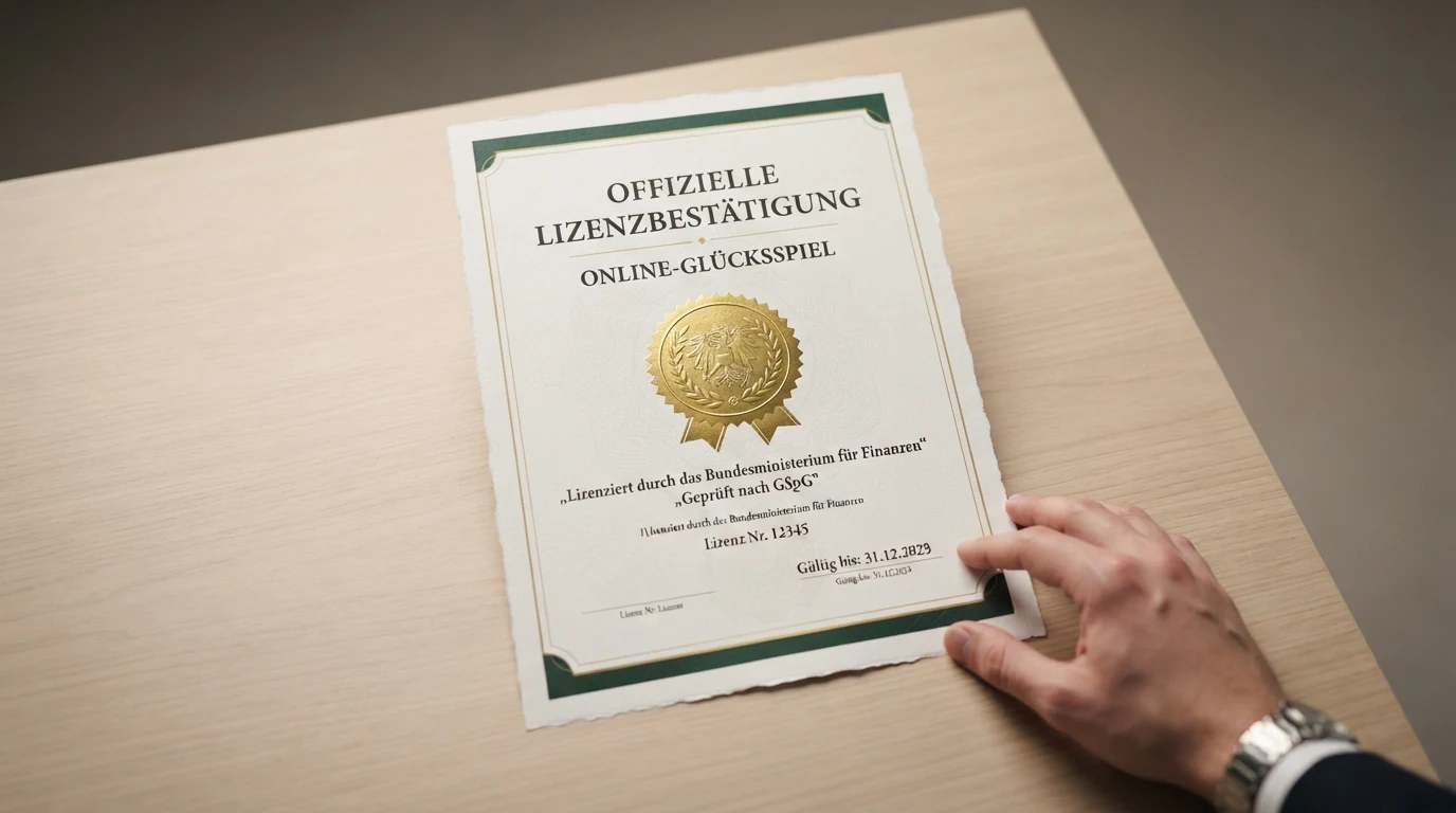 Offiziell wirkendes Zertifikat oder Konzessionssiegel mit österreichischem Bundesadler und Prüfsiegel-Motiv