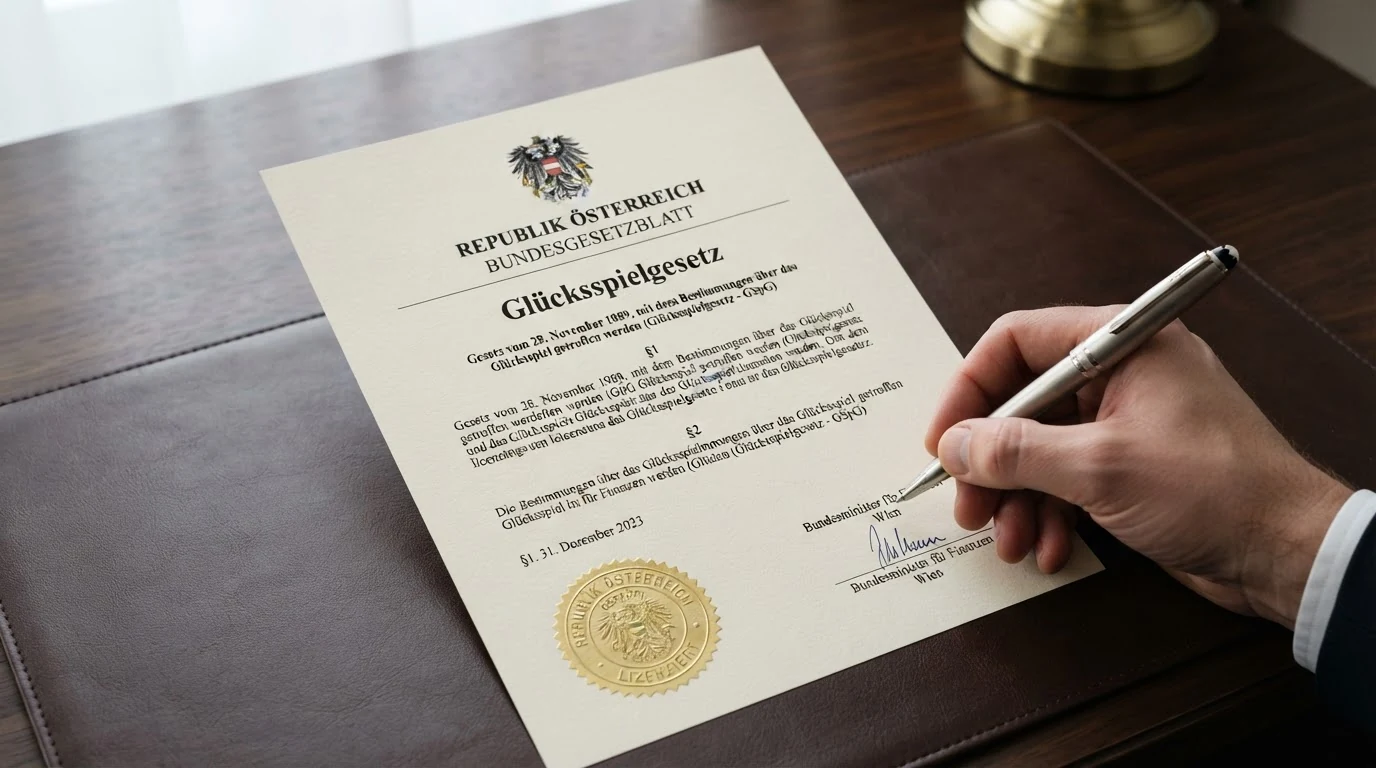 Offizielles Dokument mit österreichischem Bundesadler und der Aufschrift „Glücksspielgesetz“ auf einem Schreibtisch