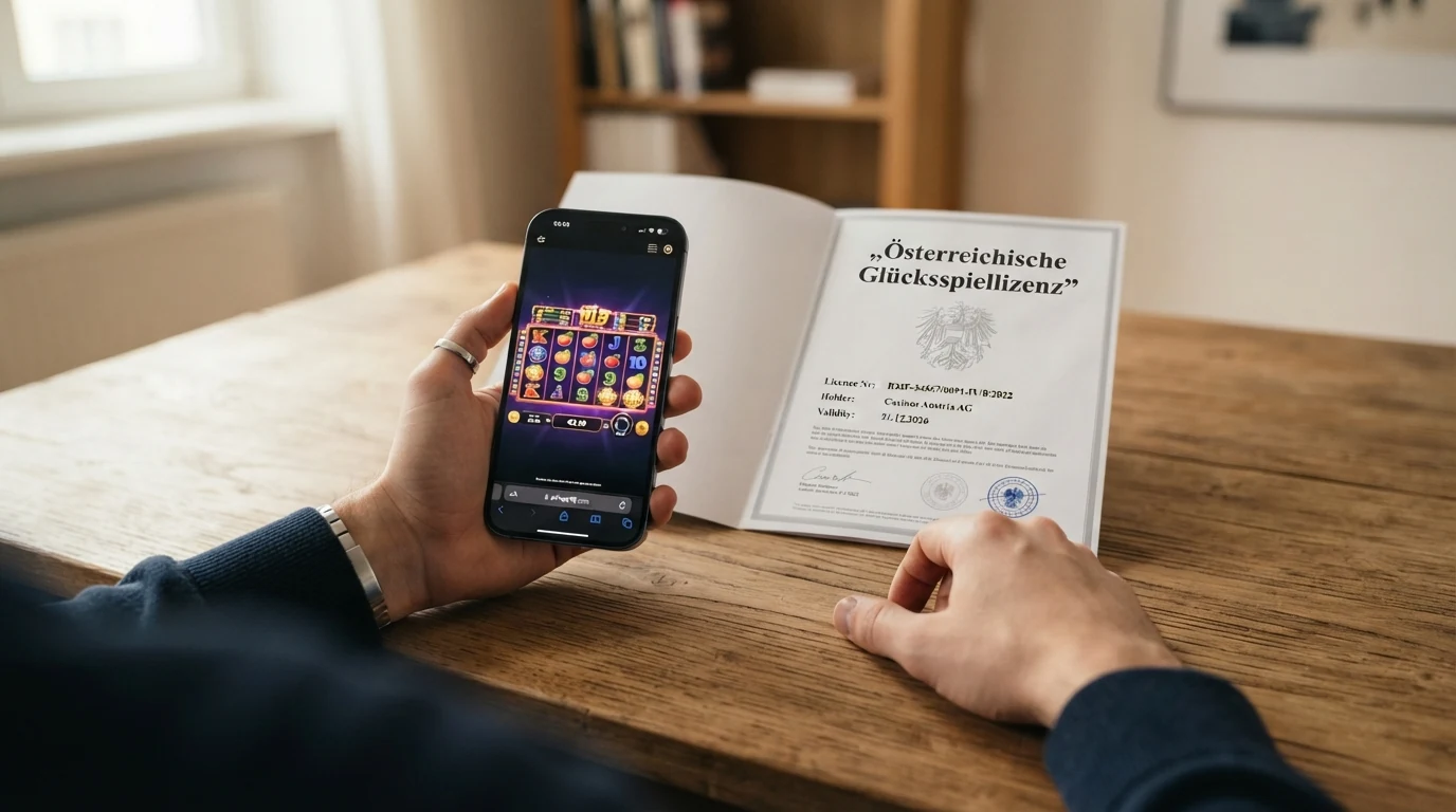 Ein Smartphone mit geöffneter Casino-App liegt neben einem amtlichen Dokument mit österreichischem Bundesadler