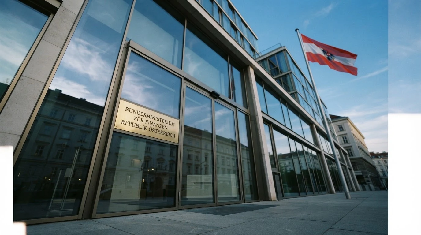 Die österreichische Flagge vor dem Eingang eines Amtsgebäudes, mit dem Schriftzug Bundesministerium für Finanzen auf einer Glasfront
