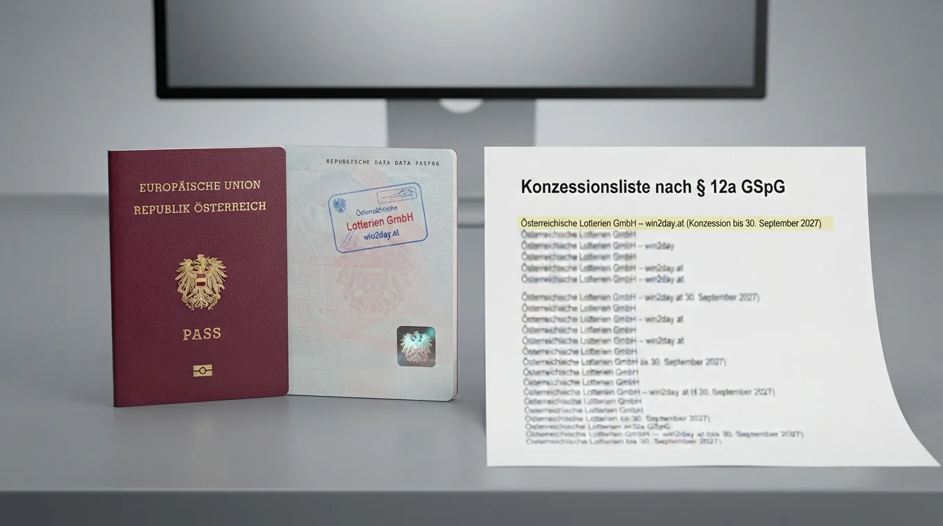 Ein österreichischer Reisepass liegt auf einem Ausdruck des BMF-Konzessionsregisters neben dem Bildschirm mit einer Casino-Startseite.