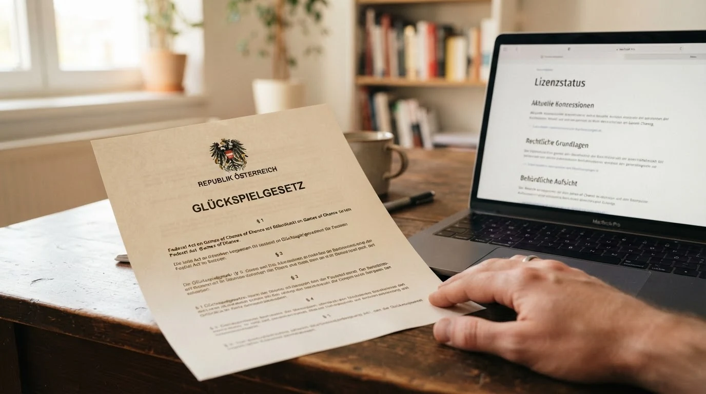 Ein offizielles Dokument mit dem österreichischen Bundesadler und dem Titel „Glücksspielgesetz“ liegt auf einem Schreibtisch neben einem Laptop