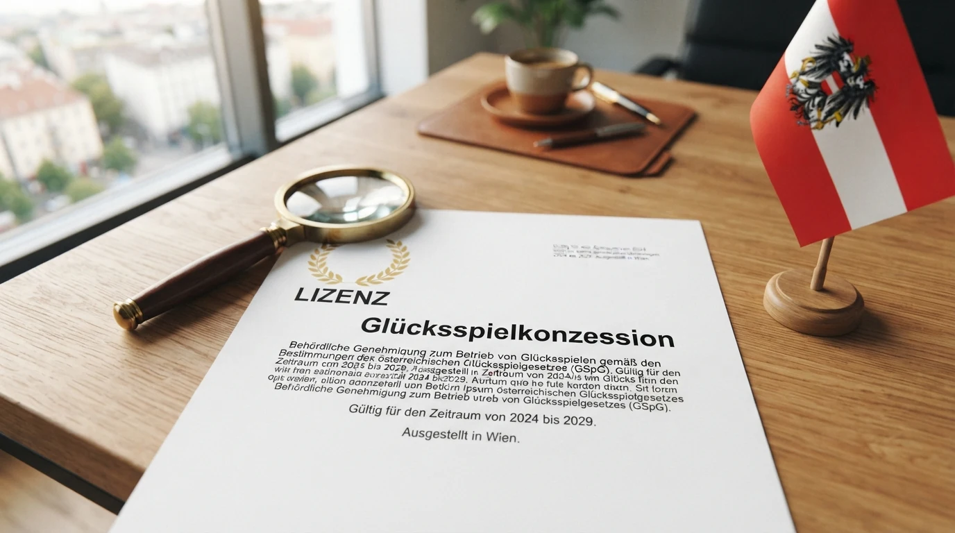 Ein offiziell wirkendes Dokument mit dem österreichischen Bundesadler, daneben eine Lupe und das Wort „Konzession“