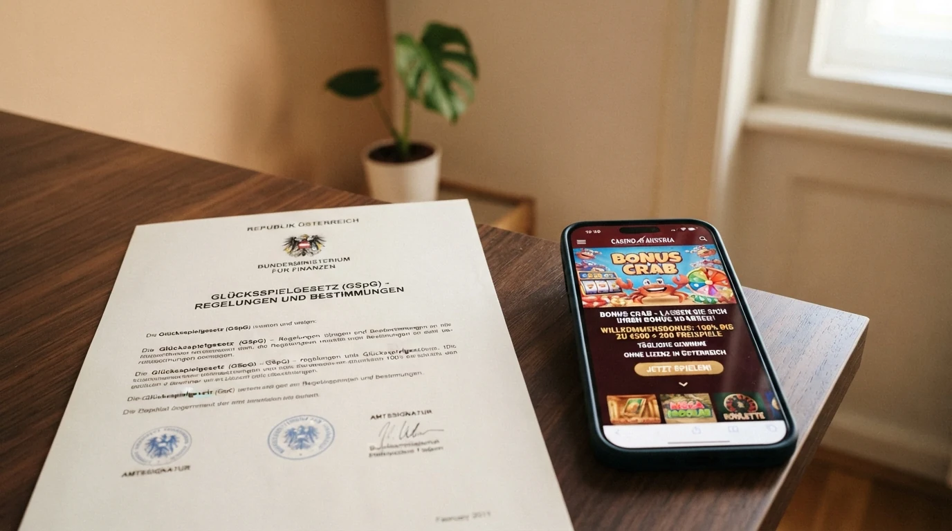Ein offiziell wirkendes Dokument mit dem österreichischen Bundesadler und dem Schriftzug „Glücksspielgesetz“, daneben ein Smartphone mit einer Casino-App — eine visuelle Trennung zwischen legalem und Offshore-Glücksspiel
