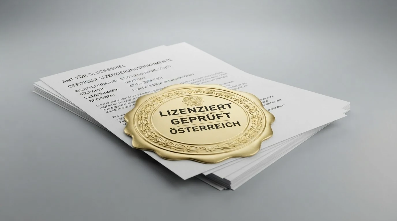 Ein offiziell wirkendes Dokument mit österreichischem Bundesadler und der Aufschrift „Konzession“ neben Offshore-Lizenzsiegeln aus Curaçao und Malta