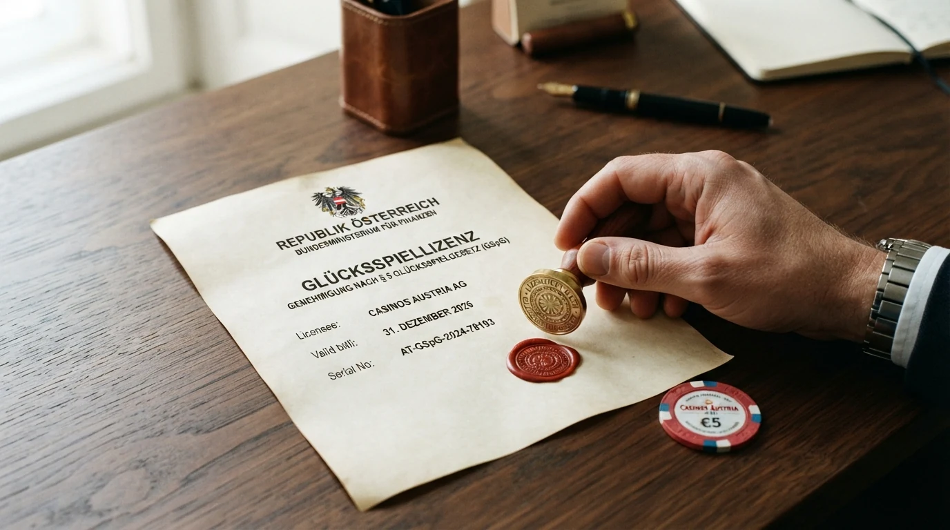 Offiziell wirkendes Dokument mit dem Schriftzug „Konzession nach dem Glücksspielgesetz“ und dem österreichischen Bundesadler