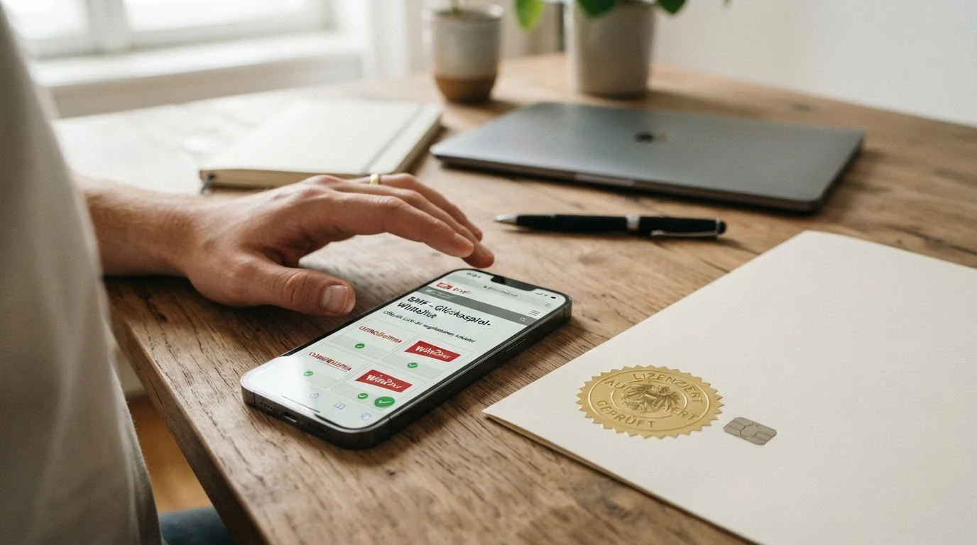 Smartphone mit Darstellung der BMF-Whitelist und MGA-Lizenzsymbole im direkten Vergleich, daneben das österreichische Wappen als Symbol der staatlichen Aufsicht