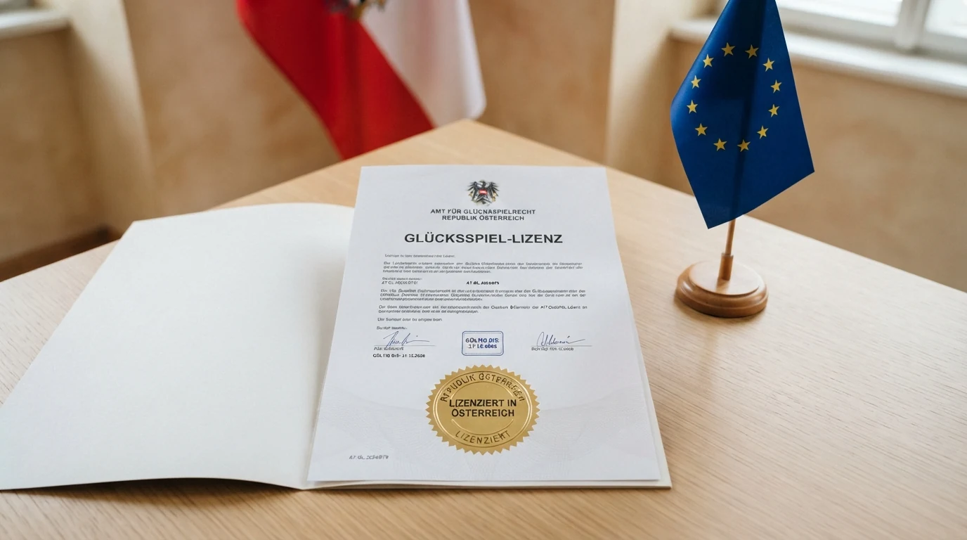 Eine illustrative Darstellung der österreichischen Flagge neben einem EU-Lizenzsiegel und einem Fragezeichen