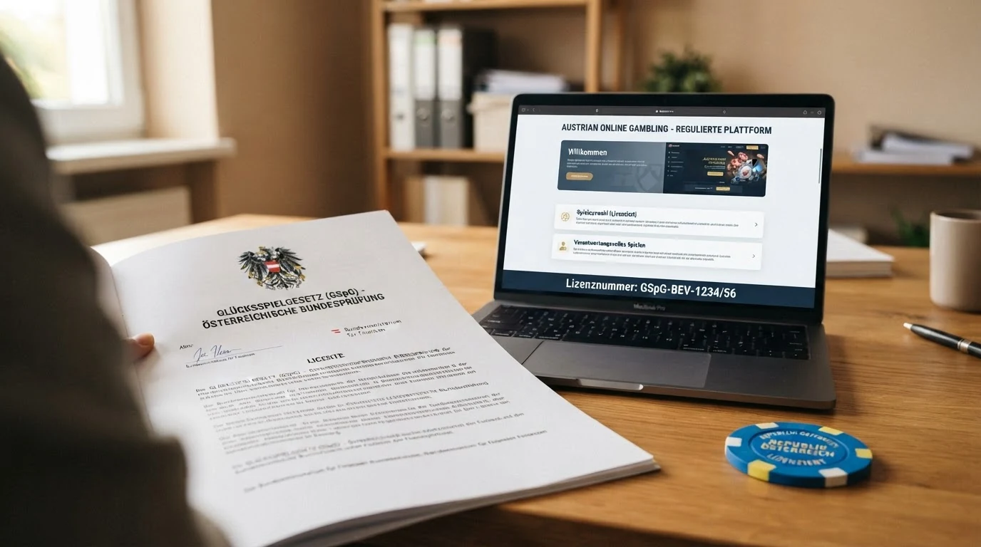 Ein offiziell wirkendes Dokument mit dem österreichischen Bundesadler und dem Schriftzug „Glücksspielgesetz (GSpG)“ — daneben ein Bildschirm mit dem win2day-Logo