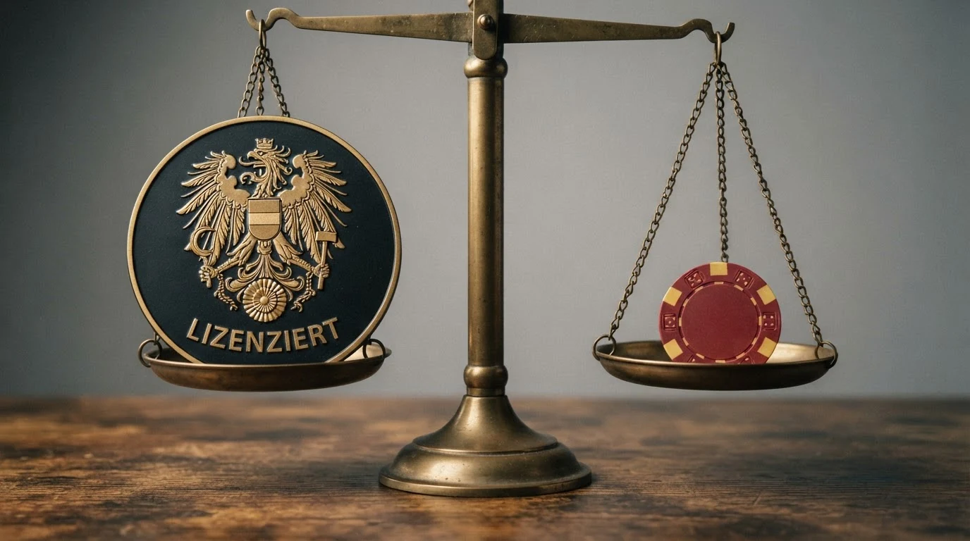 Eine stilisierte Waage mit dem Bundesadler auf der einen und einem Casino-Chip auf der anderen Seite