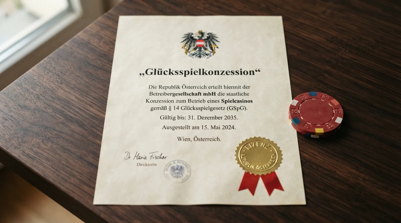 Das österreichische Bundeswappen vor dem Schriftzug „Glücksspielkonzession“ auf einem Dokument