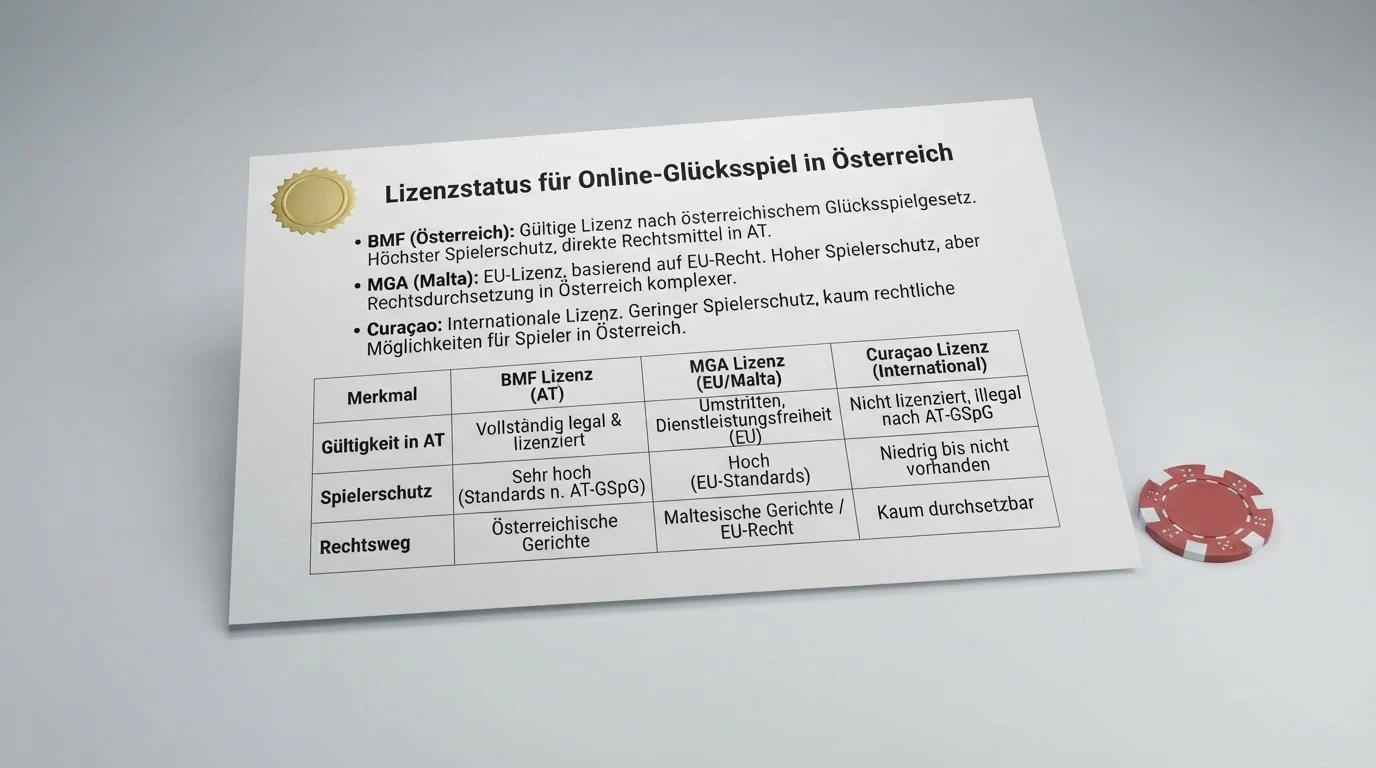 Offiziell wirkendes Dokument mit Hinweis auf die österreichische Glücksspielkonzession und die drei Lizenzregime BMF, MGA und Curaçao im Vergleich