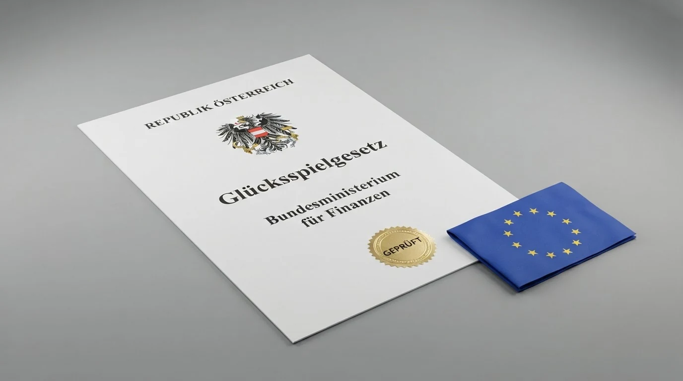 Offizielles Dokument mit Bundesadler und Glücksspielgesetz-Text neben einer EU-Flagge