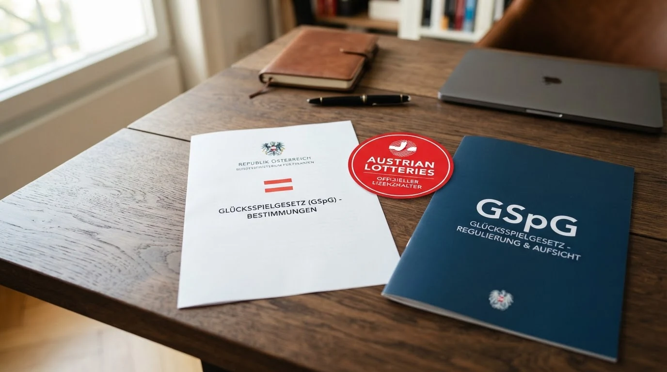 Die österreichische Flagge neben dem offiziellen Bundeswappen, darunter das Logo der Österreichischen Lotterien (win2day) und eine stilisierte Dokumentenmappe mit der Aufschrift „GSpG“