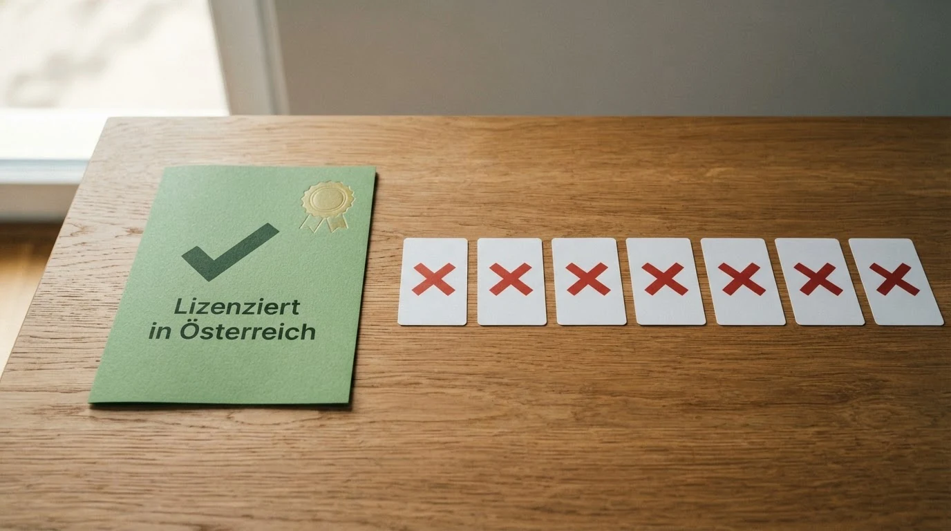 Schaubild: Ein grüner Haken für AT-Konzession (win2day) und neun rote Kreuze für Anbieter ohne österreichische Lizenz