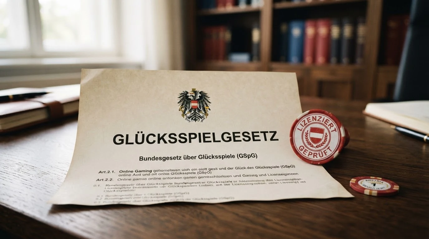 Offizielles Dokument mit dem österreichischen Bundesadler und dem Titel „Glücksspielgesetz“ neben einem Sperrschild mit MGA-Logo