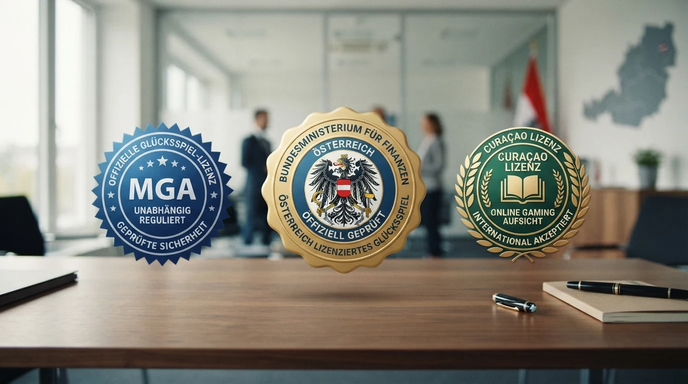 Eine schematische Darstellung der drei Lizenz-Kategorien: das offizielle BMF-Konzessionssiegel, das MGA-Logo und das Curaçao-Logo — mit einem Fragezeichen über den beiden nicht-AT-Lizenzen