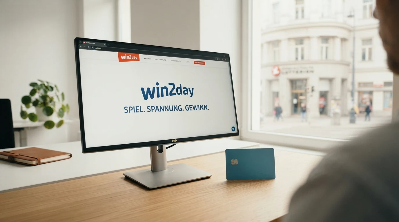 Offizielles win2day-Logo vor dem Gebäude der Österreichischen Lotterien in Wien