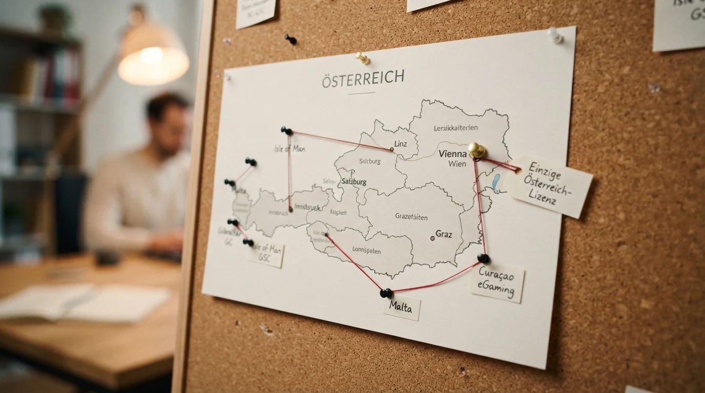 Eine stilisierte Österreich-Karte mit einem hervorgehobenen konzessionierten Anbieter (win2day) und mehreren durchgestrichenen Offshore-Casino-Markierungen, die den Monopol-Status visualisiert.