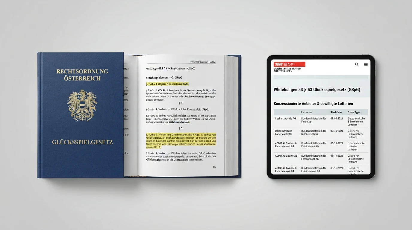Ein aufgeschlagenes Gesetzbuch mit dem österreichischen Bundesadler auf dem Einband, daneben ein Tablet mit der BMF-Whitelist-Seite
