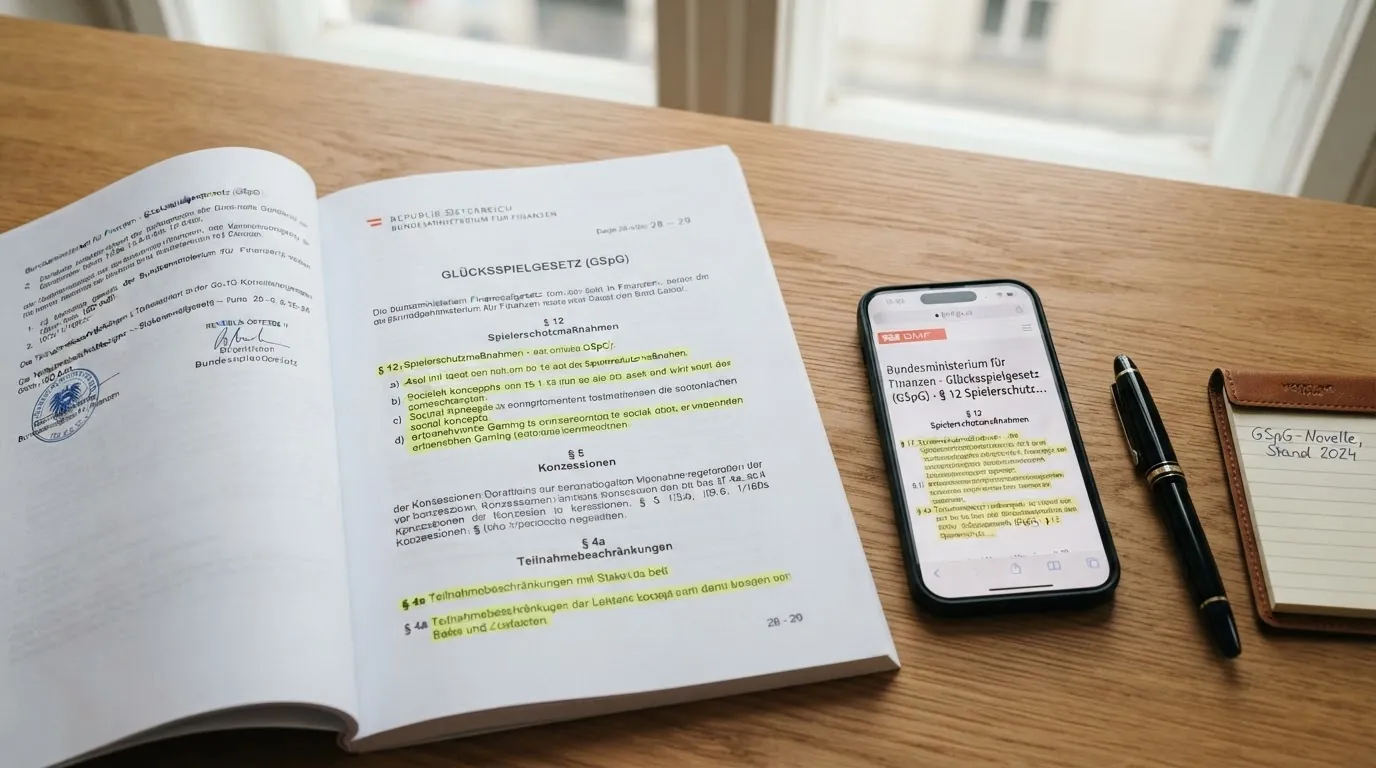Offizielles Dokument des österreichischen Glücksspielgesetzes mit markierten Paragrafen zu Einsatz- und Gewinnlimits