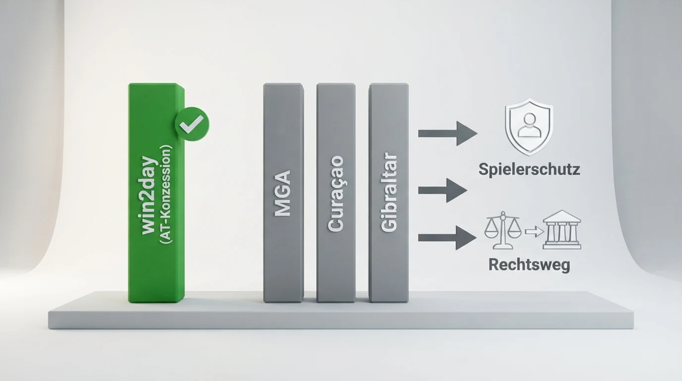 Ein grafisches Schema des österreichischen Glücksspielmarkts: Monopolsäule (win2day) gegenüber Grauzonen-Anbietern (MGA, Curaçao, Gibraltar) mit Pfeilen zu Spielerschutz und Rechtsweg