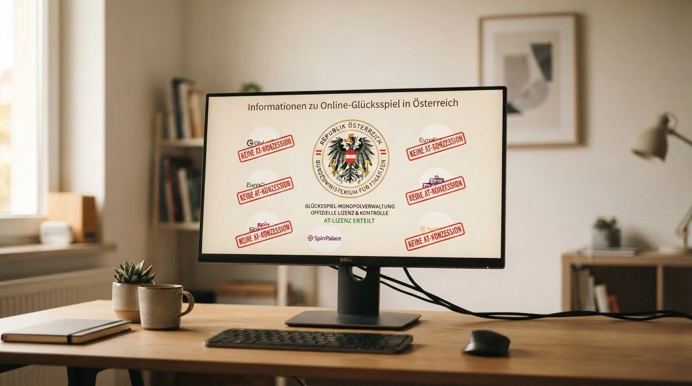 Offizielles österreichisches Glücksspiel-Logo auf einem Monitor, daneben die Logos mehrerer internationaler Online Casinos mit dem Hinweis „Keine AT-Konzession“