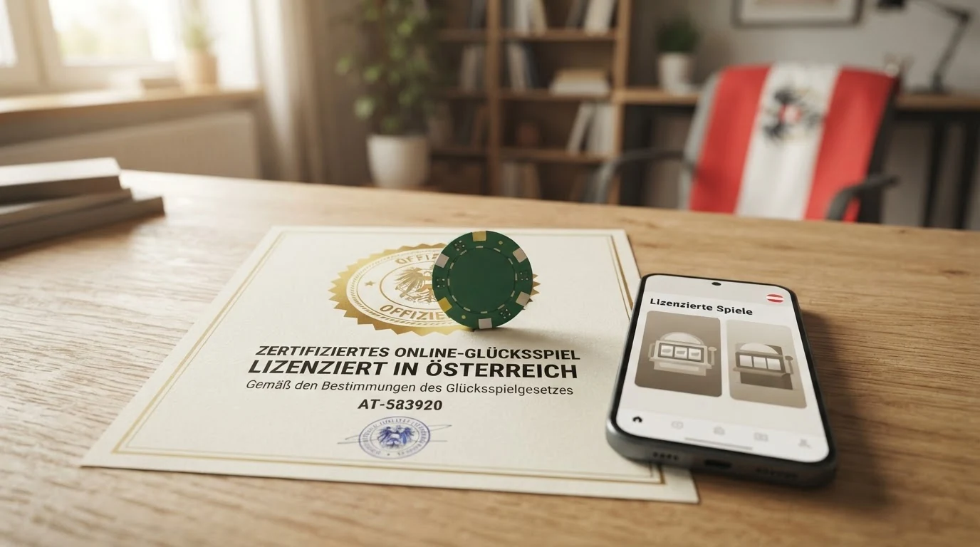 Eine stilisierte Österreich-Karte mit einem einzelnen leuchtenden Punkt (win2day, AT-Konzession), umgeben von mehreren grauen Punkten (internationale Anbieter ohne AT-Lizenz)