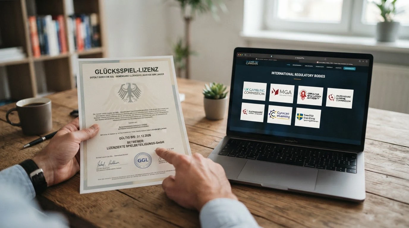 Amtliches österreichisches Konzessionsdokument oder BMF-Siegel neben den Logos internationaler Glücksspiel-Lizenzbehörden (MGA, Curaçao)