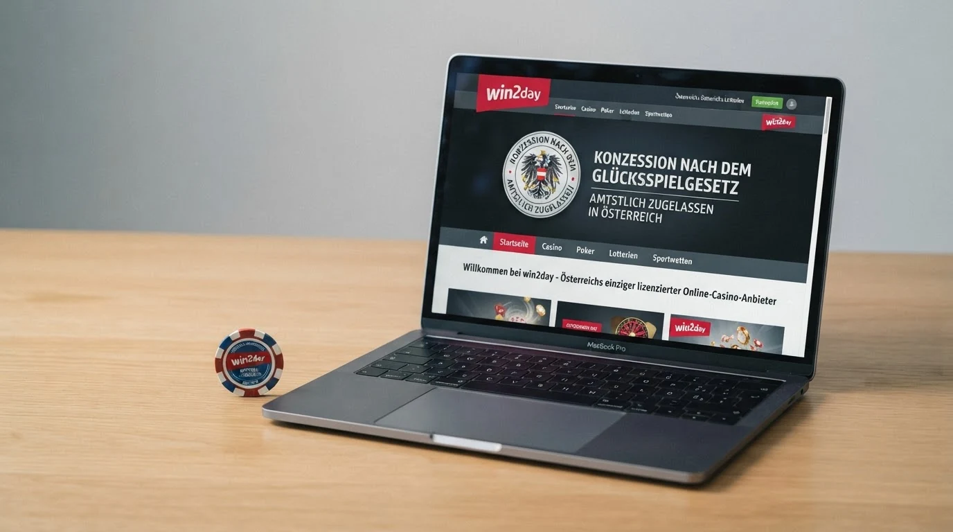 Nahaufnahme eines Bildschirms mit dem win2day-Logo und dem Schriftzug „Konzession nach dem Glücksspielgesetz“ auf einer offiziellen Seite