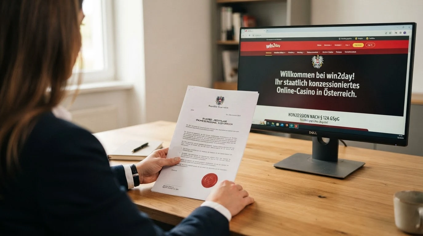 Ein amtliches Dokument mit österreichischem Bundesadler liegt auf einem Schreibtisch, daneben ein Bildschirm mit dem win2day-Logo und dem eingeblendeten Text „Konzession nach § 12a GSpG“