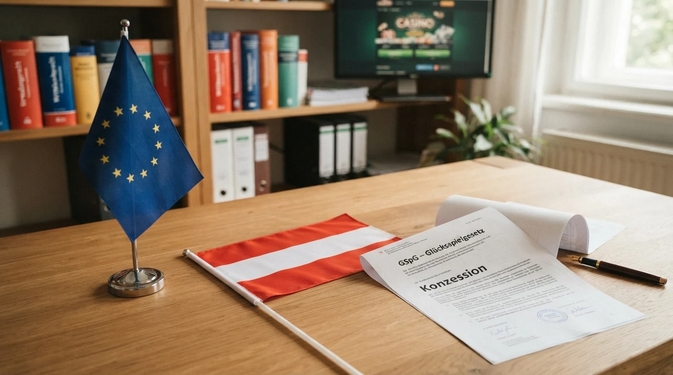 Eine illustrative Übersicht: EU-Flagge, österreichische Flagge und ein Dokument mit der Aufschrift „GSpG" im Vergleich