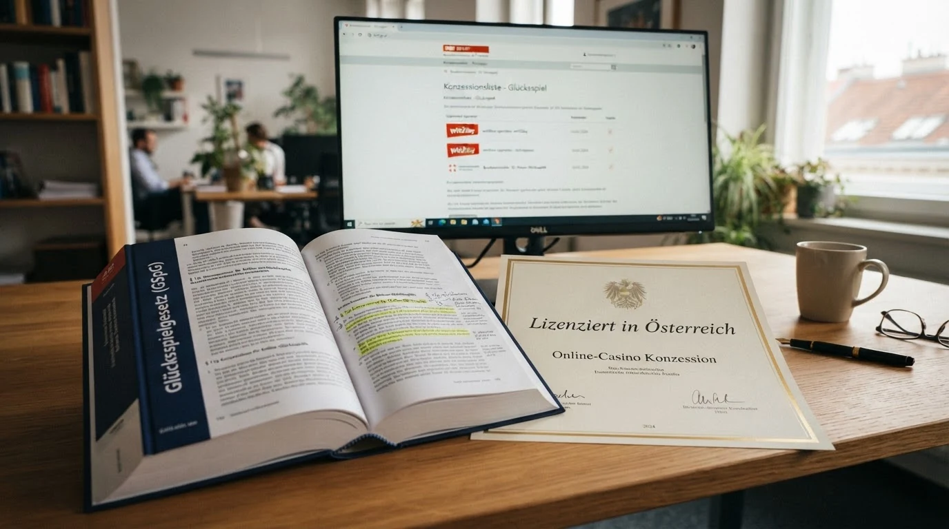 Ein aufgeschlagenes Gesetzbuch mit dem Titel „Glücksspielgesetz (GSpG)“ neben einem Monitor, der das win2day-Logo und das BMF-Siegel zeigt — im Hintergrund angedeutet eine Waage als Symbol für die Rechtsprechung (OGH/CJEU).