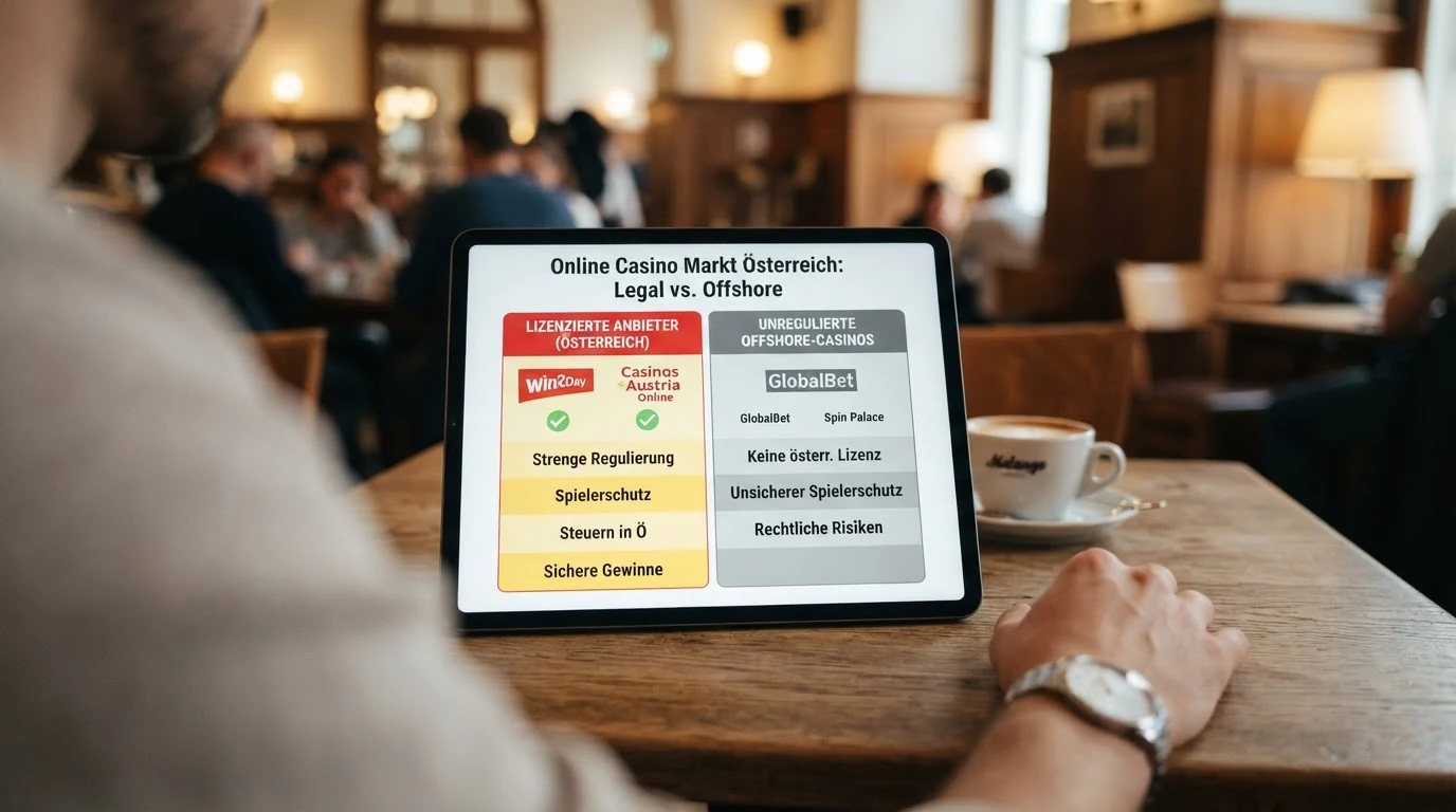 Schematische Visualisierung: ein farblich hervorgehobenes konzessioniertes Casino neben neun grauen alternativen Anbietern