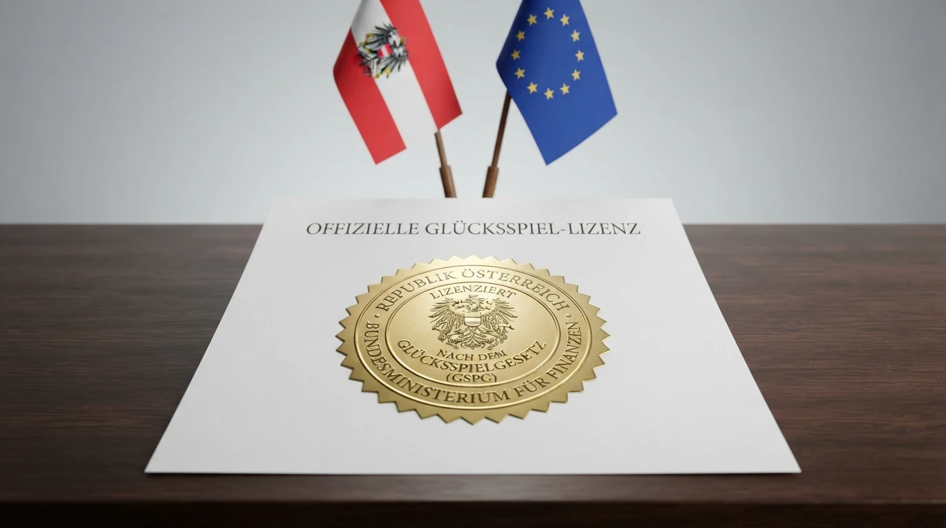 Österreichisches Glücksspielgesetz-Dokument und EU-Flagge nebeneinander auf einem Schreibtisch