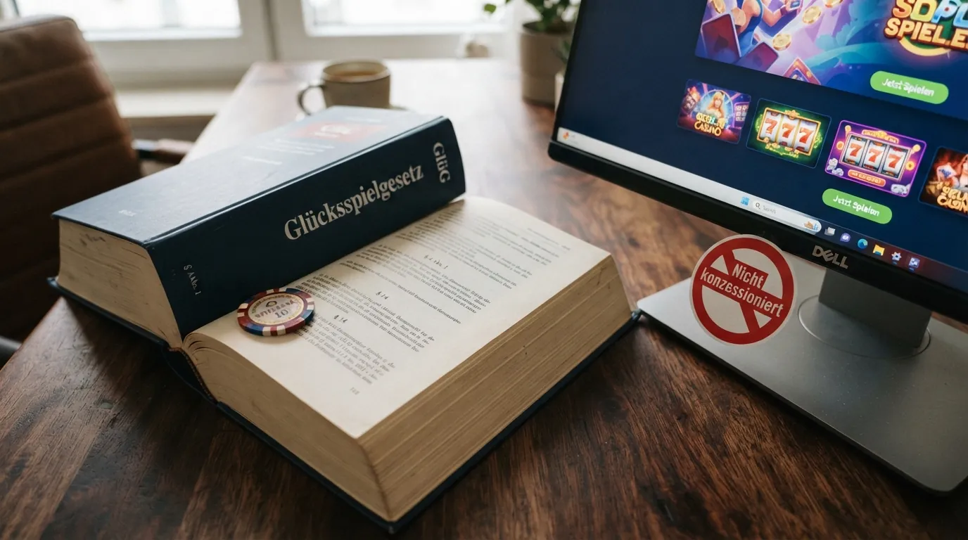 Ein aufgeschlagenes Gesetzbuch mit dem Titel „Glücksspielgesetz“ neben einem Monitor, der das Logo eines Offshore-Casinos zeigt — verbunden durch ein rotes „Nicht konzessioniert“-Symbol
