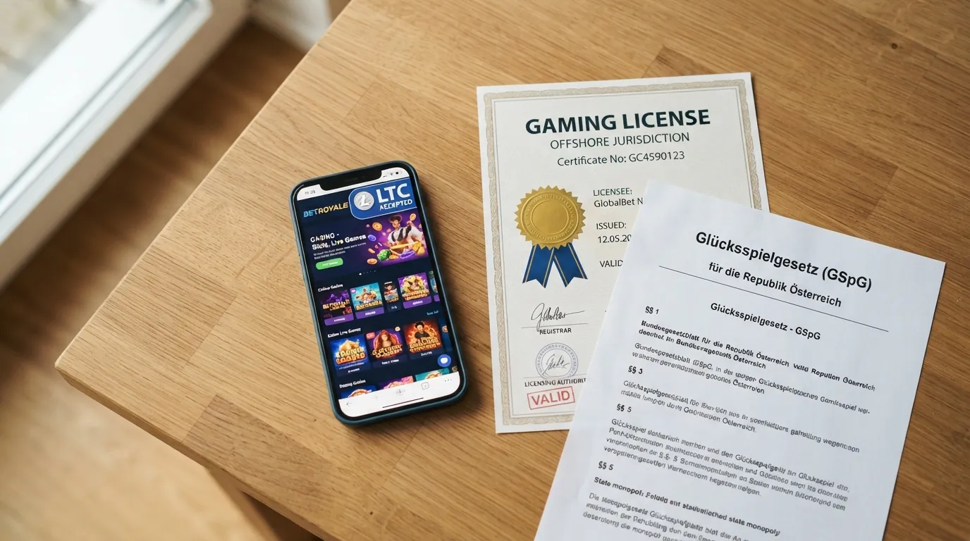 Stilisierte Curaçao-Lizenzurkunde und GSpG-Dokument nebeneinander, davor ein Smartphone mit geöffneter Casino-Seite