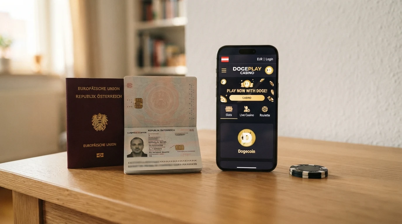 Ein österreichischer Reisepass neben einer Krypto-Wallet auf einem Smartphone-Bildschirm mit Casino-Seite