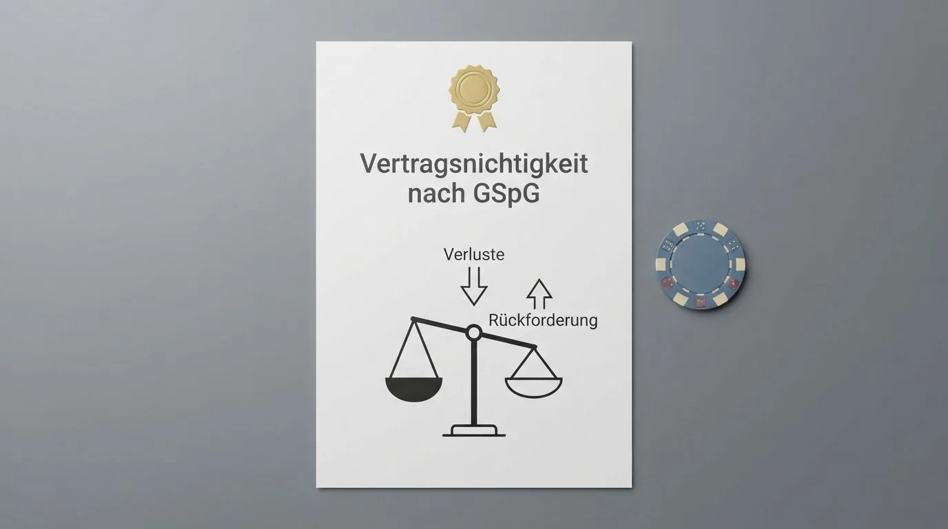 Darstellung der rechtlichen Konsequenzen beim Spielen ohne AT-Konzession: Vertragsnichtigkeit nach GSpG, OGH-Urteil als Symbol und Rückforderungspfeil von Verlusten.
