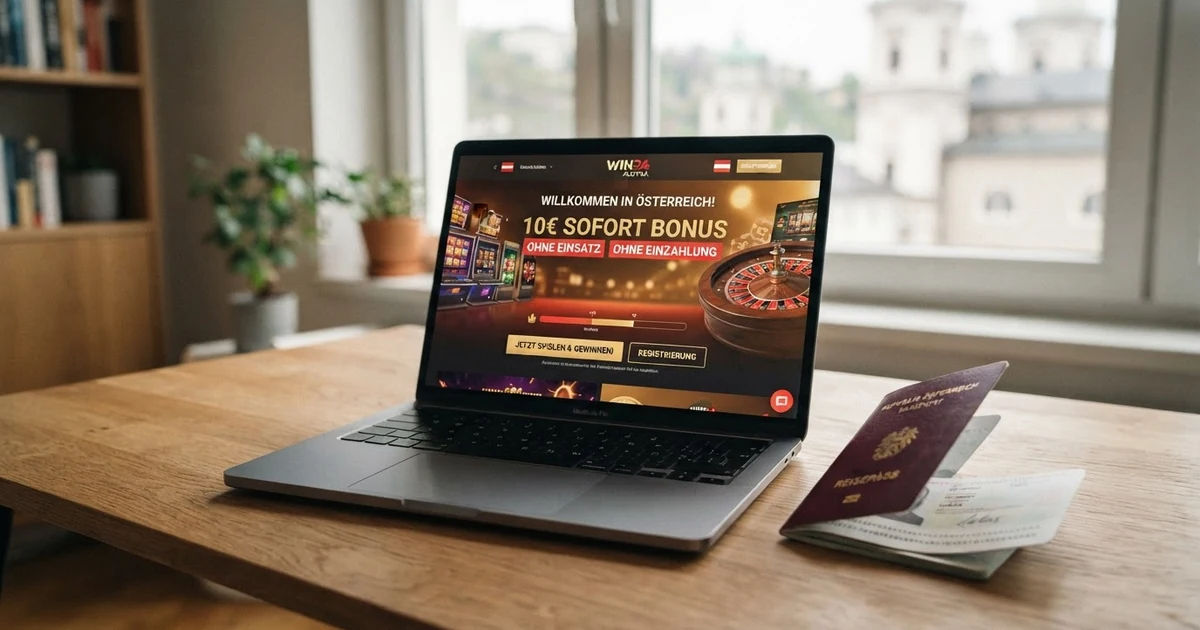 Ein geöffneter Laptop zeigt eine Casino-Startseite mit einem hervorgehobenen Willkommensbonus-Banner, daneben liegt ein österreichischer Reisepass