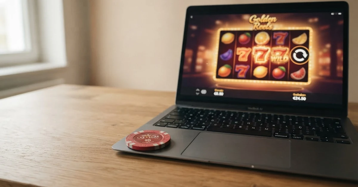 Ein 1-Euro-Stück liegt neben einem geöffneten Laptop, auf dessen Bildschirm ein Online-Casino-Slot mit niedrigem Einsatz zu sehen ist.