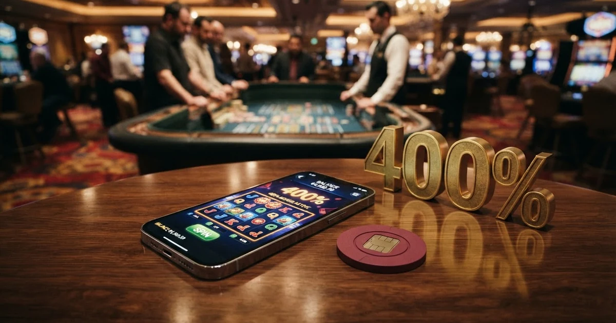 Eine übergroße Prozentzahl „400 %“ neben einem Euro-Symbol und einem Casino-Chip, die den Größenunterschied zwischen beworbenem Prozentsatz und tatsächlichem Bonus-Wert illustriert