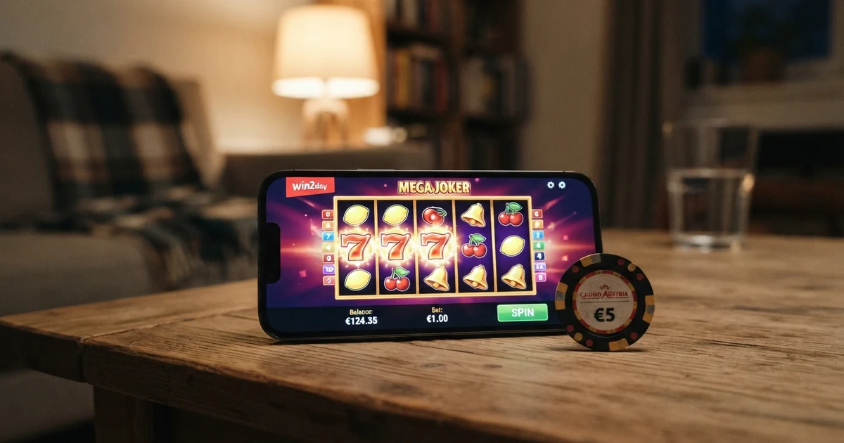 Smartphone-Bildschirm mit geöffneter Casino-App, daneben eine A1-Mobilfunkrechnung mit hervorgehobenem Casino-Einzahlungsposten