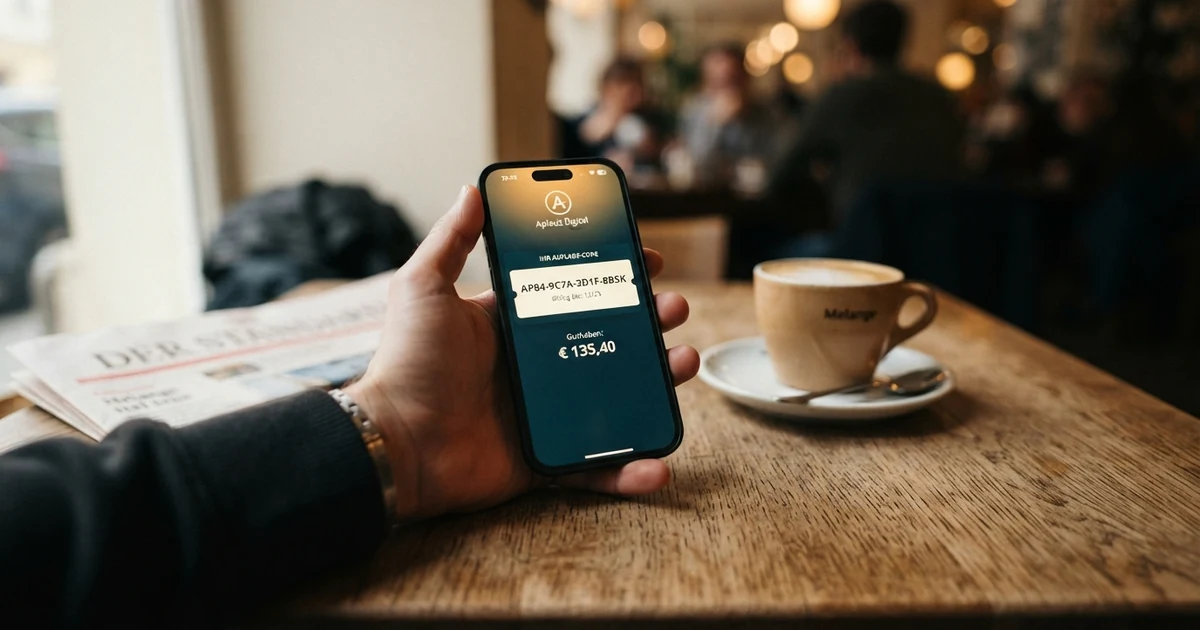 Aplauz-App auf einem Smartphone mit sichtbarem digitalem Guthaben und 16-stelligem Einlösecode