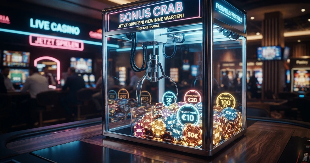 Ein virtueller Greifautomat mit geöffnetem Greifarm über einem Feld aus Münzen, Bonusguthaben-Symbolen und Freispiel-Icons, vor einem Casino-Hintergrund mit blauer Neon-Beleuchtung