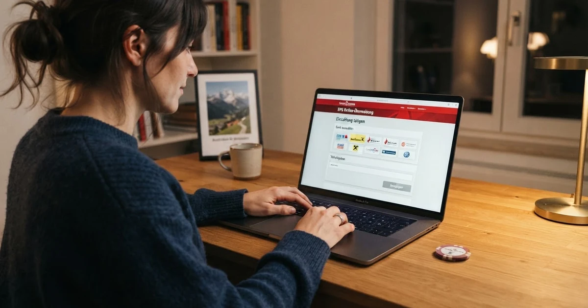 Eine EPS-Überweisung im Kassenbereich eines Online Casinos auf einem Laptop-Bildschirm, mit sichtbarem Bankenauswahl-Menü und TAN-Eingabefeld